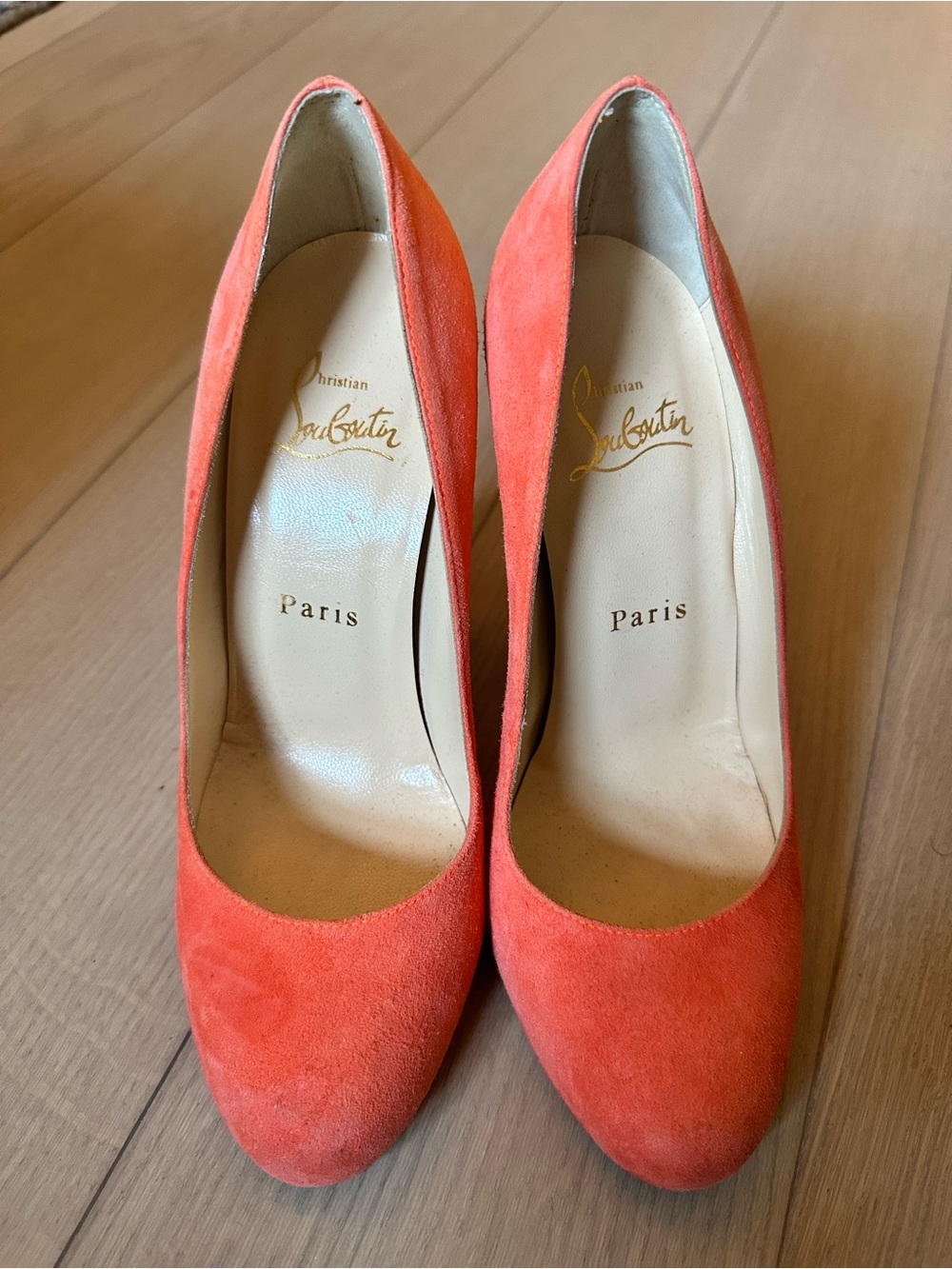 Christian Louboutin Coral-Orange Suede Round-Toe Pumps